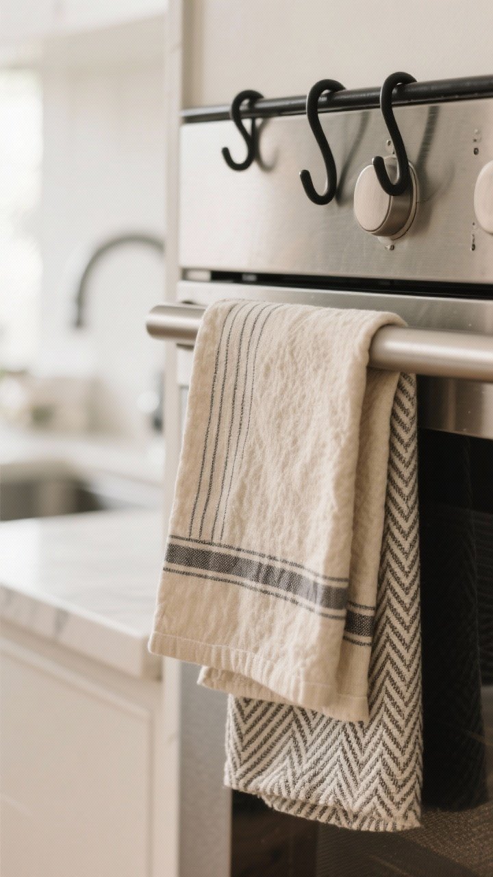Detail closeup of beige linen and linen-blend dish towels: one pinstripe, one herringbone, one solid—layered neatly over a stainless oven handle and a chic black hook rail; visible woven texture, quick-dry feel implied; warm neutral palette; soft, diffused daylight; background hints of a tidy sink zone; no people.