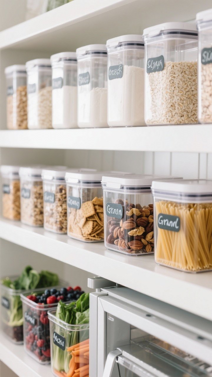 Detail closeup of clear containers on open shelves and in a pantry: uniformly shaped airtight canisters filled with flour, sugar, rice, oats, and pasta; separate bins with crackers, nuts, granola, and dried fruit; clear fridge-style bins holding berries, greens, and cut veggies. Crisp printed and chalk-style labels visible. Bright, clean lighting that highlights transparency and quantity at a glance.