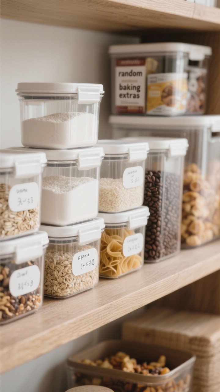 Detail closeup of decanted pantry staples: clear, stackable airtight containers filled with flour, sugar, rice, oats, pasta, coffee beans, and mixed snacks; minimalist white labels on the front show item and opened date, with small handwritten ratios on the back side peeking through; textured natural wood shelf, soft natural side lighting highlighting transparency and contents; a separate labeled bin in the background holds assorted “random baking extras” in original packaging; calm, organized mood, no people.