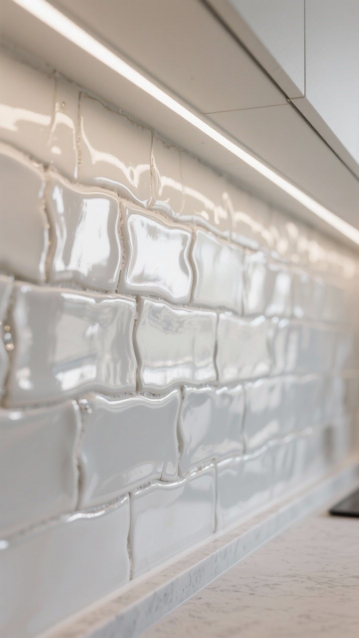 Detail closeup of glossy white zellige tiles in a straight stack layout, showing irregular edges, subtle waviness, and glaze variation; include under-cabinet lighting reflecting like jewelry across the surface; tonal whites and soft grays visible in the tiles, with a slim quartz counter edge at the bottom of frame; mood: handcrafted, soulful, subtle glam; camera macro-level angle raking across the surface to highlight texture and light play.