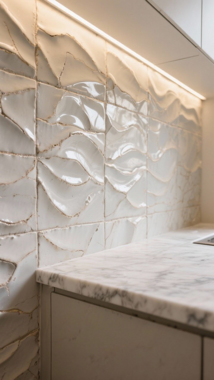 Detail closeup of handmade Zellige tiles in a warm off-white/greige tone with subtly wavy, imperfect surfaces and glossy glaze catching under-cabinet lighting; tight, color-matched grout; edge of a marble-look quartz counter visible to show contrast between smooth quartz and textured tile; artisanal, light-playing texture focus; no people.