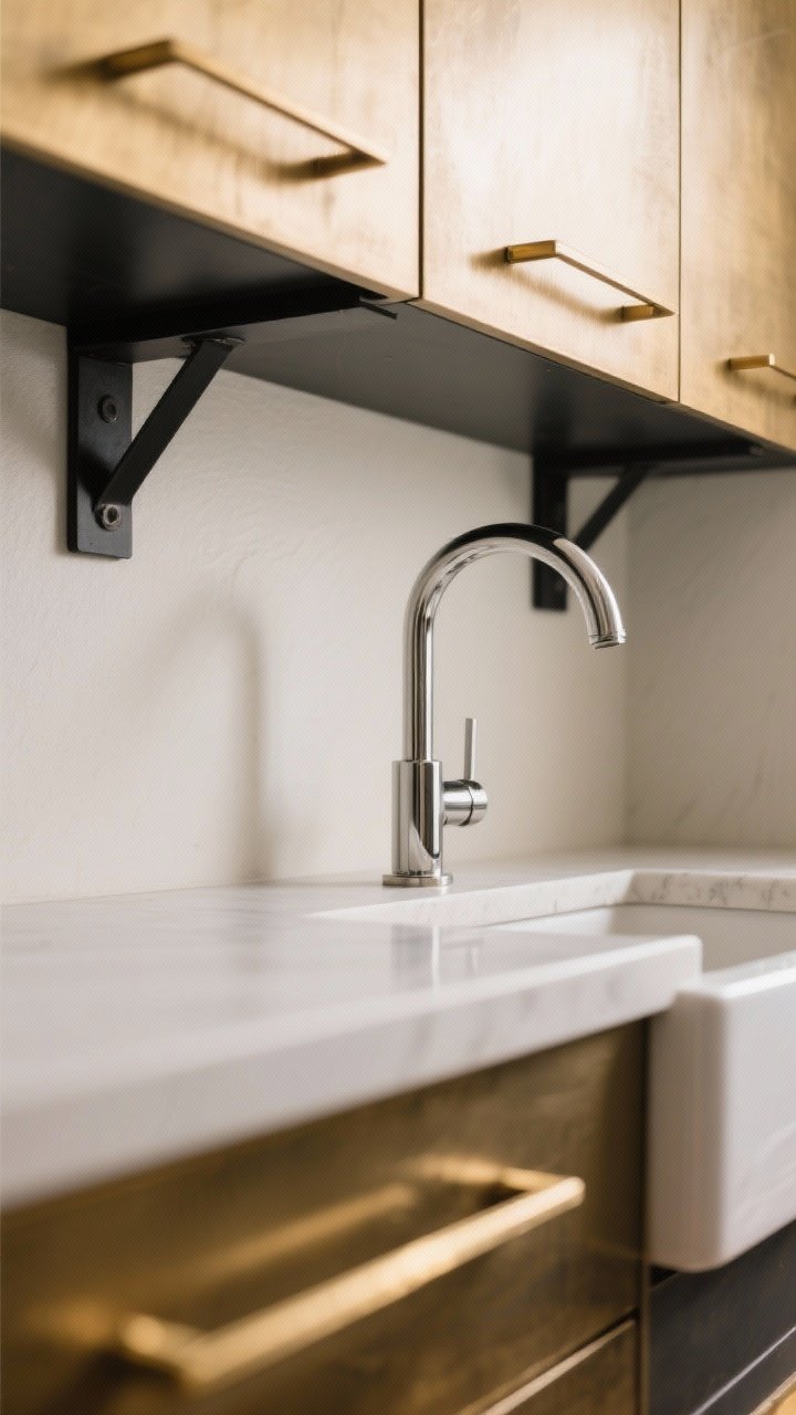 Detail closeup of layered metal finishes at a sink zone: brushed brass cabinet pulls as the primary metal, a polished nickel bridge faucet as the secondary, and black-accented shelf brackets as the grounding accent; undertones aligned and cohesive; soft, warm ambient light reflecting gently off the metals; shallow depth of field to highlight the interplay of finishes and textures, straight-on close crop.