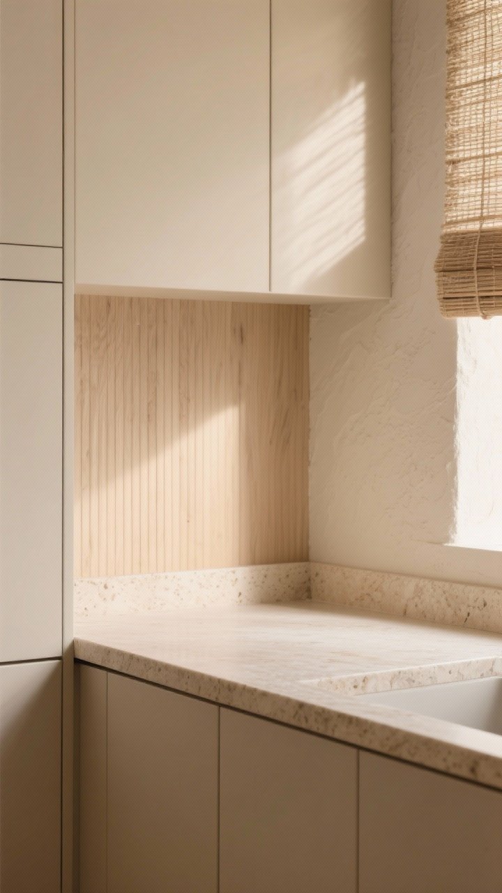 Detail closeup of layered textures in a beige kitchen: matte beige cabinetry edge meeting a honed creamy stone countertop, adjacent to a vertical fluted light-wood panel; include a small section of plaster-look wall and the shadow of a woven roman shade; warm natural light grazing surfaces to emphasize texture; shallow depth of field to highlight the tactile contrast; corner angle shot.