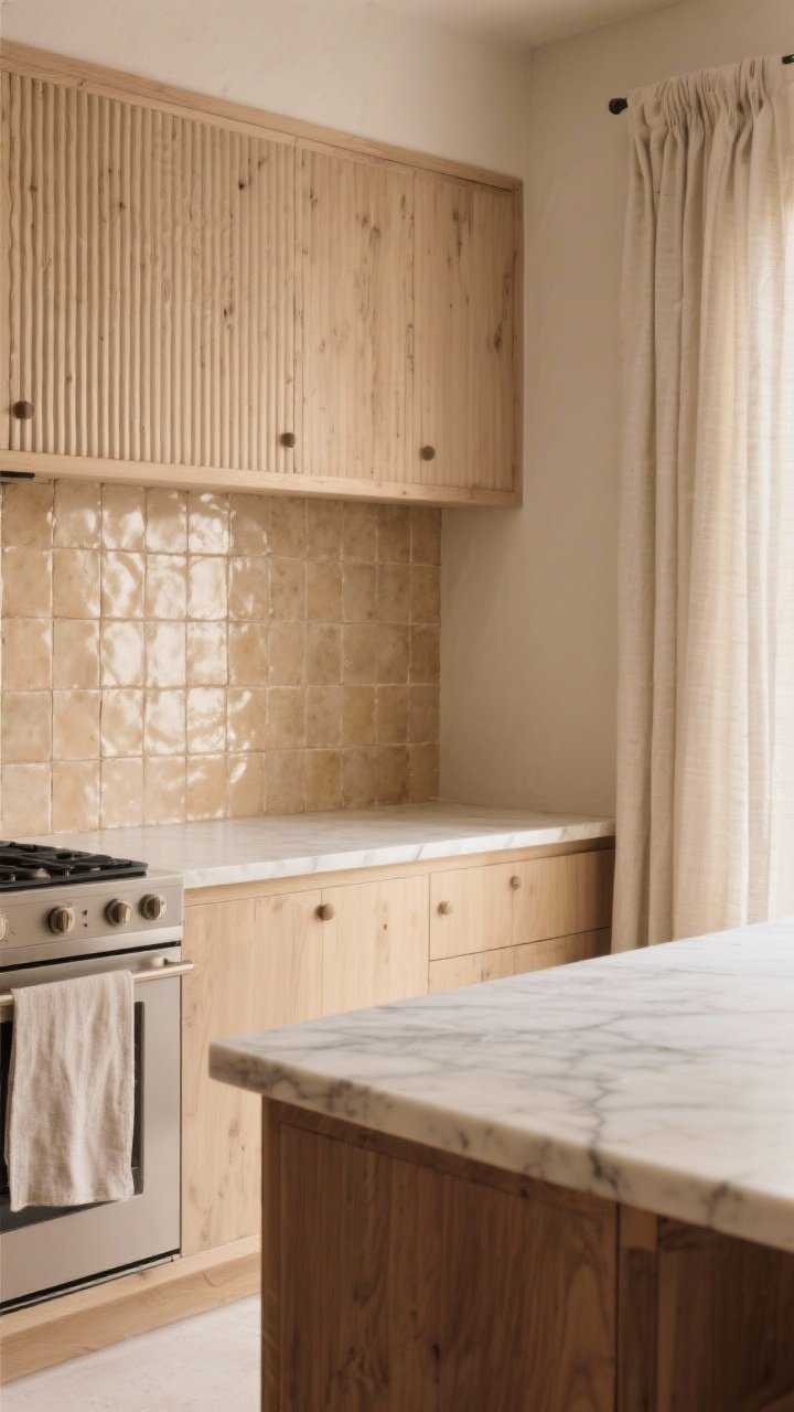 Detail closeup of layered textures in a beige kitchen: handcrafted warm-sand zellige backsplash with subtle sheen, reeded/fluted wood paneling on the island, honed marble countertop with soft movement, and a linen café curtain filtering light; tactile, boutique feel; side-lit to emphasize texture; no people.