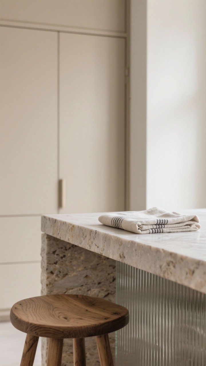 Detail closeup of layered textures: matte beige cabinet door next to honed stone countertop edge, brushy white oak wood grain of a barstool seat, a folded linen tea towel, and a swatch of ribbed glass; soft side lighting to reveal tactile surfaces; tight palette of three to four tones; intimate, photoreal macro feel