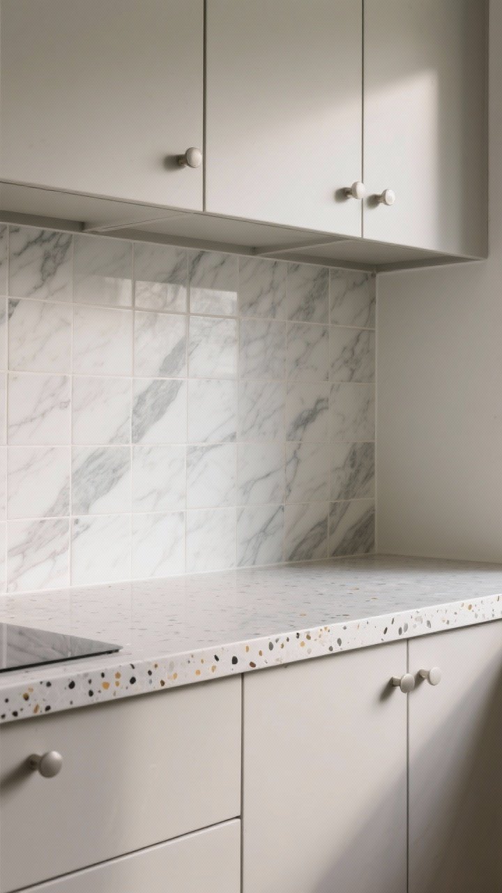Detail closeup of low-contrast backsplash tiles with gentle veining: marble-look porcelain in soft gray-on-ivory, subtle zellige variation, or matte terrazzo with tiny chips; paired with cabinet and countertop surfaces in the same color family; simple hardware visible but understated, natural light grazing to reveal delicate movement without visual noise.