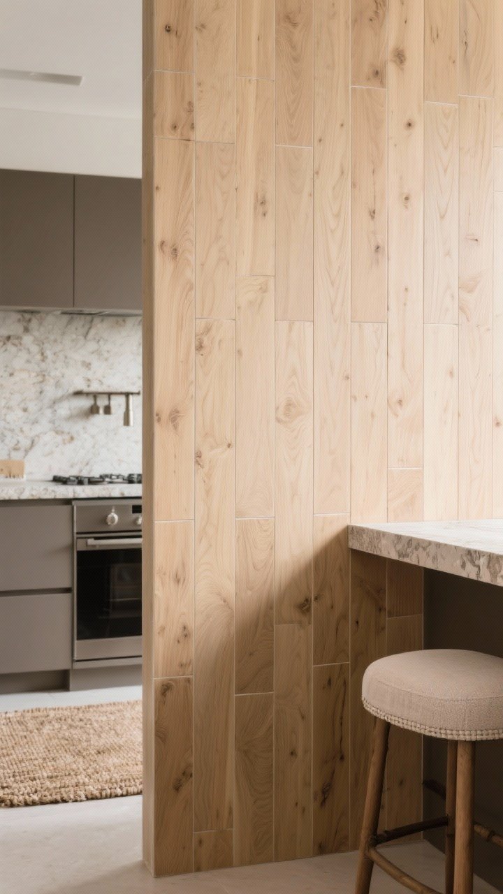 Detail closeup of wood-look porcelain backsplash planks run vertically in a light oak/ash tone with low pattern repeat; subtle grain realism; paired with stone counters and matte fixtures for warmth; soft daylight washing over texture; nearby linen-textured barstool edge and a natural fiber rug corner hinting at coordinated materials