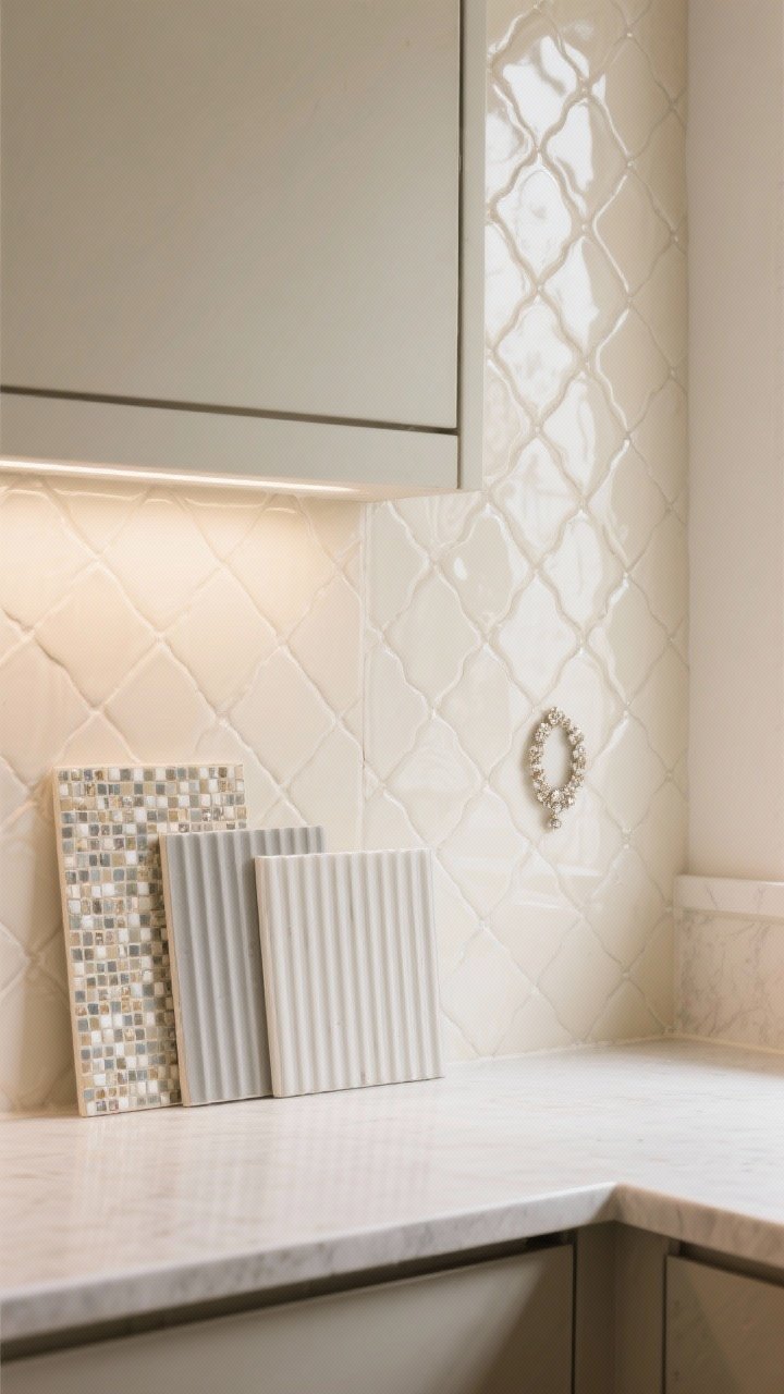 Detail closeup, raking side light: A beige kitchen backsplash treated like jewelry—creamy zellige tiles with off-white grout, subtly irregular and glossy; include a small area of vertical stacked tile in greige nearby for comparison, plus a sample strip of micro mosaics and fluted tile; use slightly darker grout lines on one section to show delicate pattern definition; honed countertop edge in frame for context.