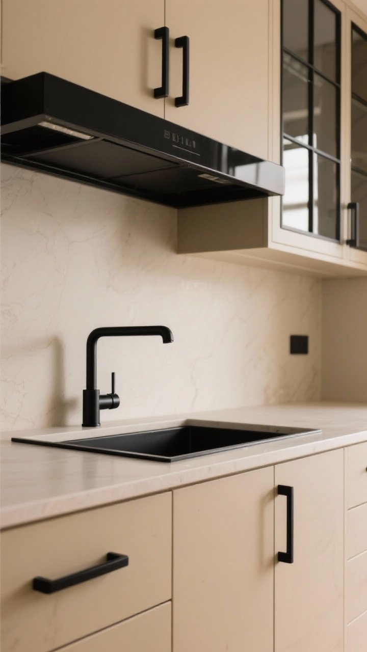Detail closeup, straight-on: matte black accents in a beige kitchen—flat black cabinet pulls on warm beige doors, a matte black faucet, and the slim black frame of a hood or cabinet glass mullions; beige backdrop stays soft while black defines edges; lighting is neutral-warm, with black used subtly (10–15% of palette), photorealistic.