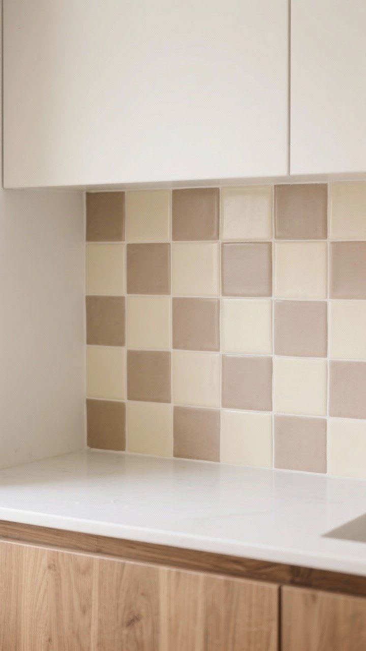 Detail closeup: Subtle checkerboard backsplash in soft neutrals—mushroom and cream matte 4x4 ceramic tiles—arranged in a quiet grid behind a simple white countertop and flat-front oak cabinet edge; tone-on-tone grout; soft, diffuse lighting to emphasize the gentle contrast. Keep cabinets simple and understated to let the pattern land without feeling busy; photorealistic, straight-on crop.