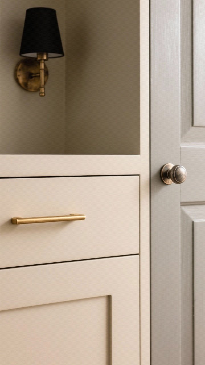 Detail closeup: Understated luxury hardware on beige cabinetry—warm beige drawer front with brushed brass slim bar pull, and adjacent greige cabinet door with an aged nickel knob; background hint of a black sconce for mixed metals balance; soft diffused lighting to emphasize finishes; tight crop, straight-on.