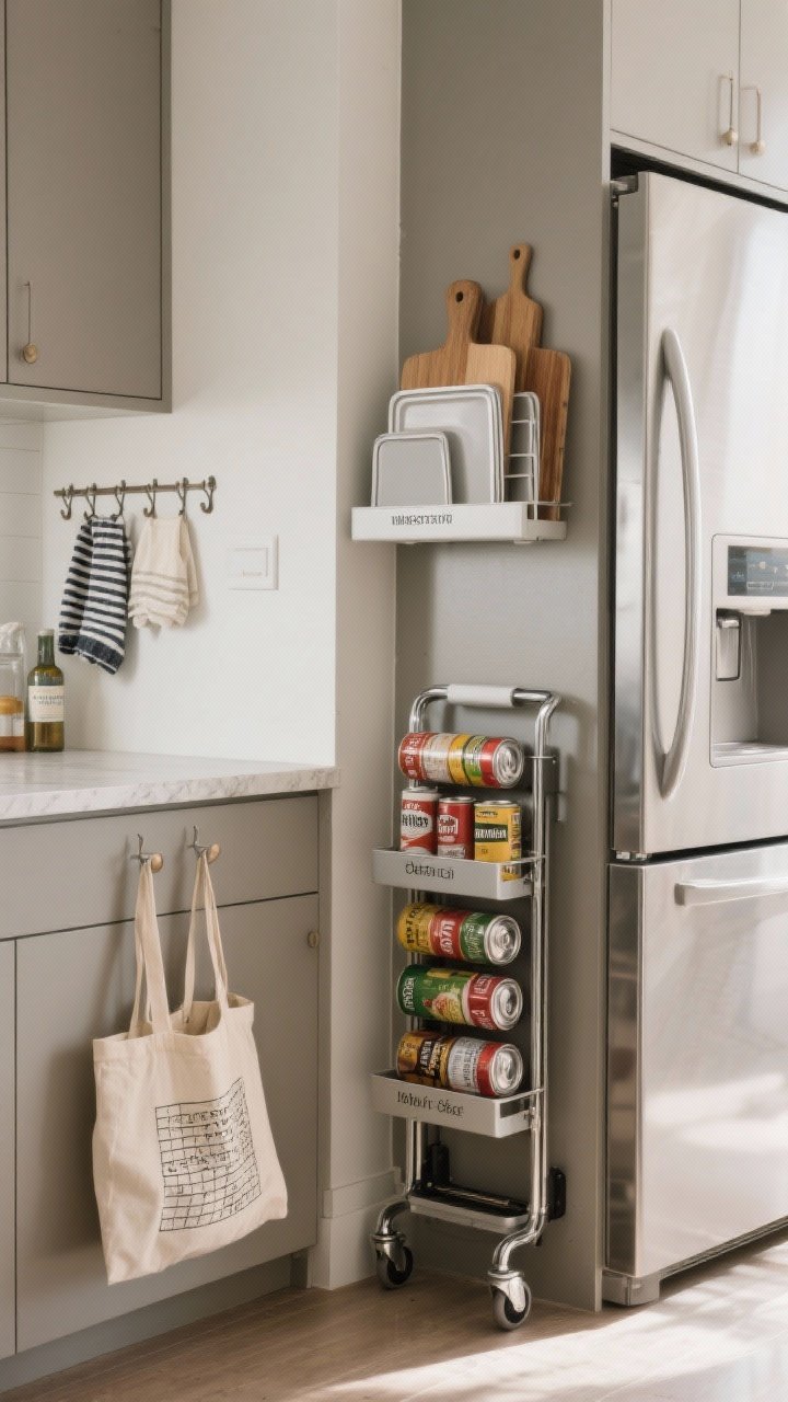 Detail/medium composite angle: Skinny storage solutions in forgotten gaps. A slim rolling can caddy slides between a fridge and wall holding labeled canned goods; vertical dividers above the fridge organize trays and cutting boards; under an island overhang, small hooks hold bar towels and reusable shopping bags. Emphasize precise, snug fit—measure-first aesthetic. Neutral palette, soft morning light, textures of matte cabinetry and chrome cart, photorealistic.