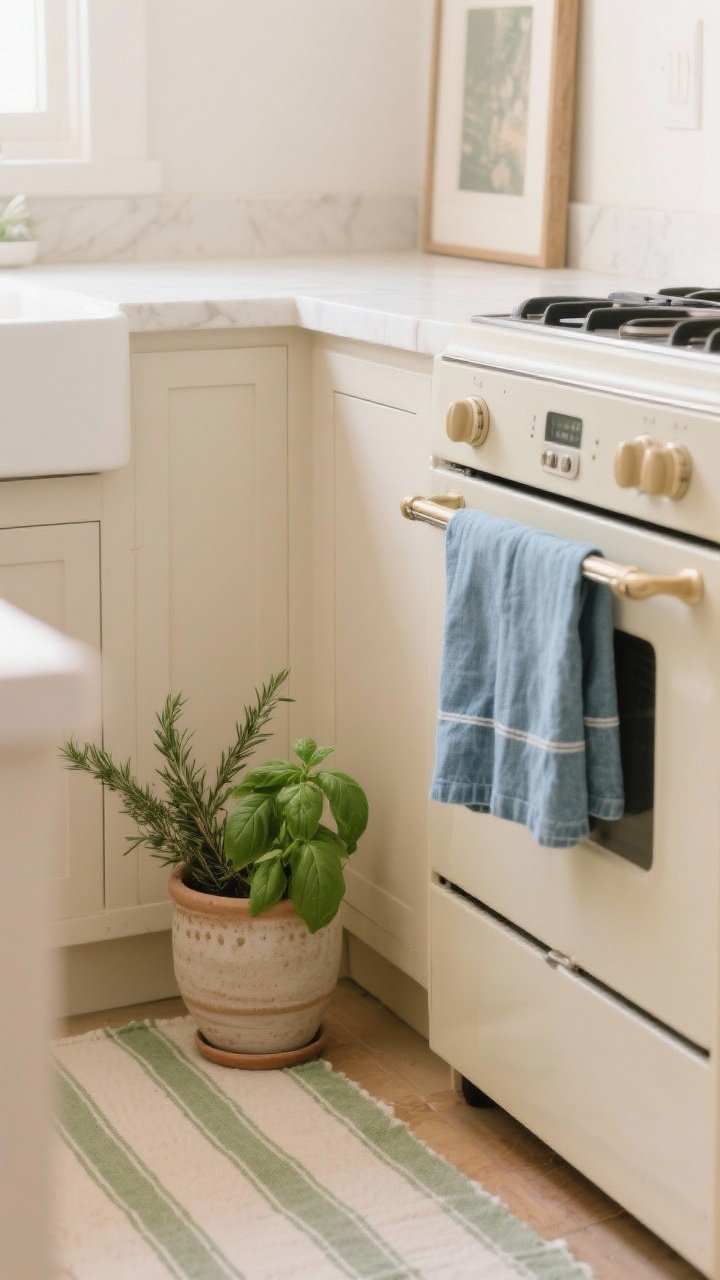 Detail/medium hybrid: A beige kitchen corner styled with gentle color and greenery—sage stripe runner on the floor, clay-toned napkins draped near a neutral small appliance, denim-blue dish towel on the oven handle, and a stoneware pot with basil and rosemary. Minimal art print featuring warm neutrals with a hint of muted color. Soft daylight, single accent color dominant for serene mood.
