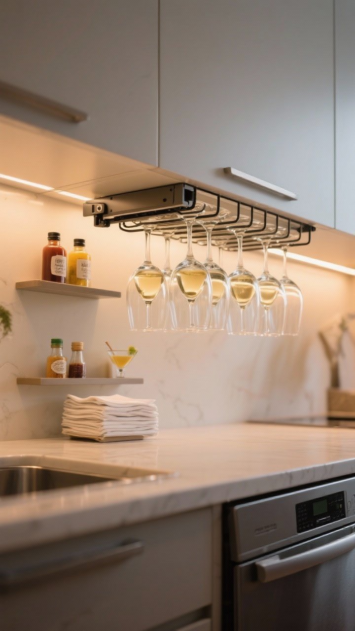 Detail/medium shot, straight-on, of a retractable under-shelf stemware holder mounted beneath an upper cabinet: the smooth-rail mechanism partially extended with sparkling wine glasses hanging securely; a narrow shelf above holds cocktail bitters and neatly stacked napkins; installed near the dishwasher in a clean, minimal setup; warm evening under-cabinet glow, photorealistic.