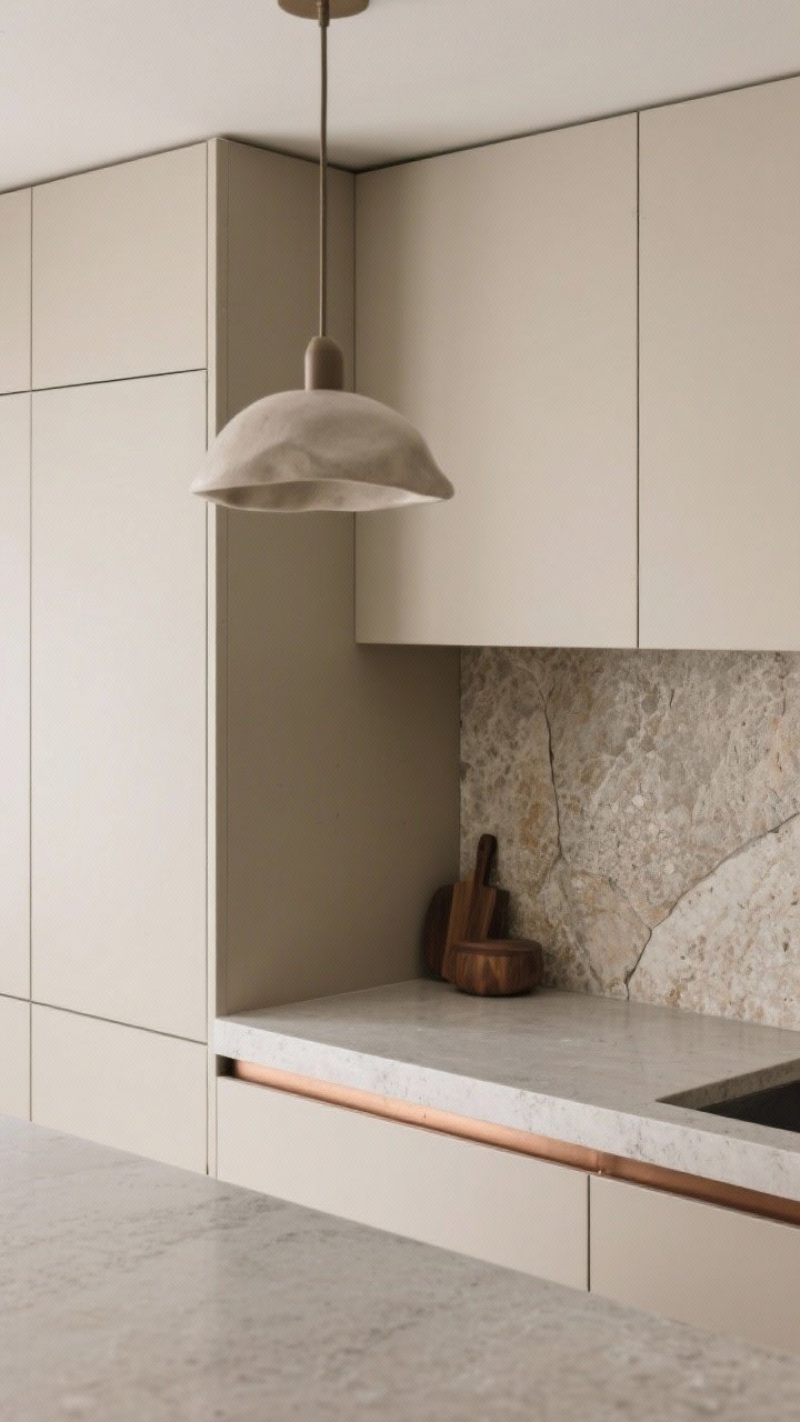 Detail/overhead hybrid: A beige cabinet edge meeting a concrete-look quartz slab countertop with a waterfall edge, adjacent to a textured stone backsplash; matte finishes throughout to reduce glare; a single sculptural pendant overhead barely visible, plus a touch of warmth via a slim bronze trim or a small wood accessory; calm, minimalist mood with soft, even lighting