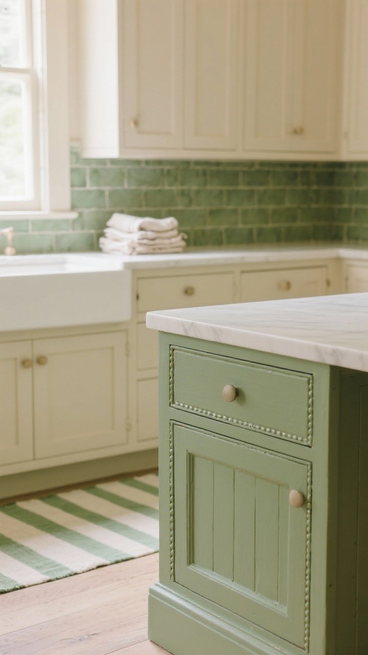 Detail shot: A sage green painted island with beige perimeter cabinets surrounding it; closeup of island corner showing satin-finish sage paint, bead detail, and matte beige drawer front nearby; hints of sage-striped runner on the floor and a stack of linen napkins; backsplash of sage zellige tiles with gentle texture; soft natural daylight for calm, cottagecore charm