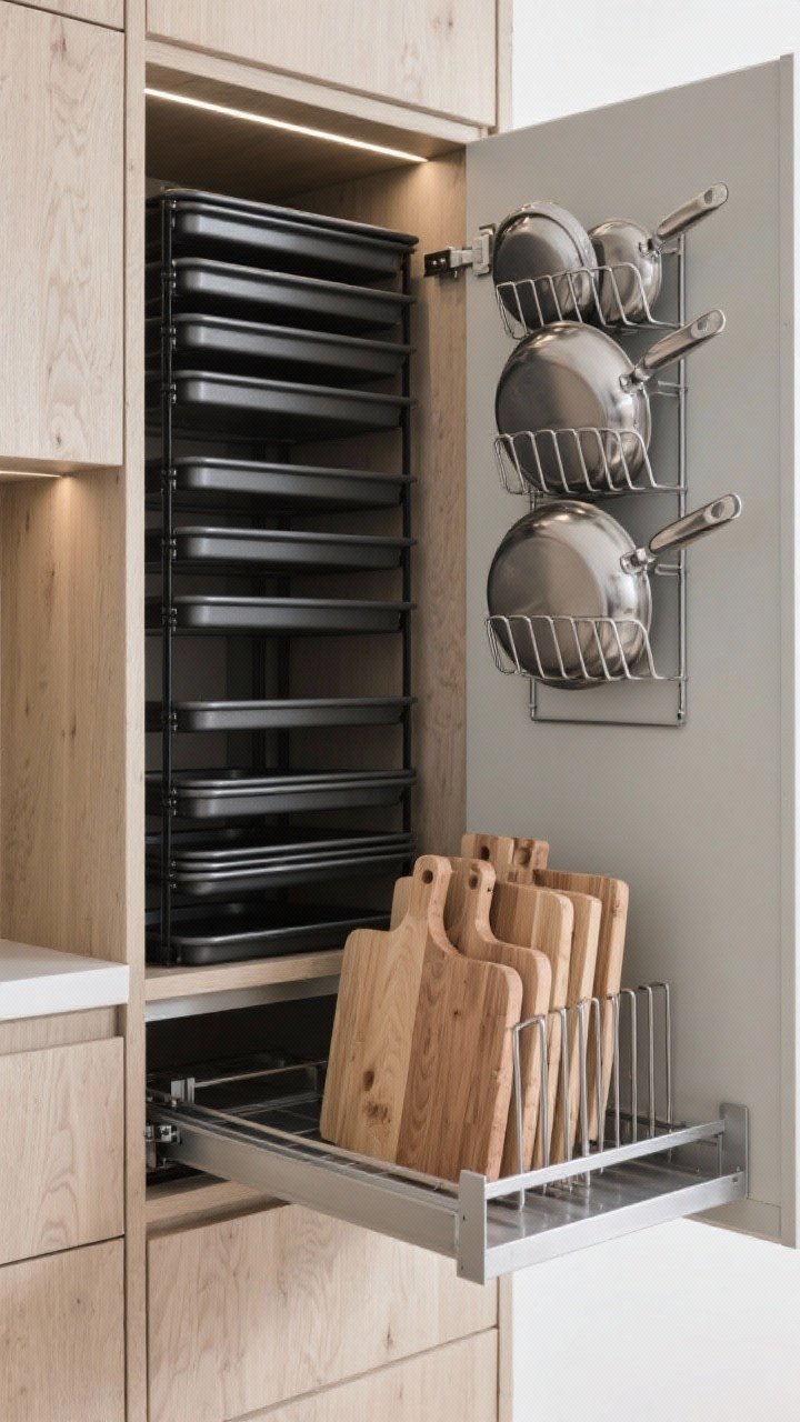 Detail shot, cabinet interior with vertical storage: baking sheets and trays filed upright with matte black tension dividers, saucepan lids organized in a pull-out lid rack, and a row of cutting boards stored upright in a slim divider; brushed metal and powder-coated finishes contrast with light wood cabinetry; clean lines and zero clutter; crisp, directional task lighting from above accentuates edges and order; mood is functional and efficient.