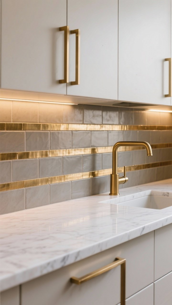 Detail shot focusing on warm brushed brass inlay strips set between matte ceramic tile rows on a backsplash, coordinated with brass cabinet hardware and faucet; cool white quartz countertop nearby enhances the metallic sheen; restrained use of metal for modern glam; soft, warm lighting to make brass glow without glare; no people.