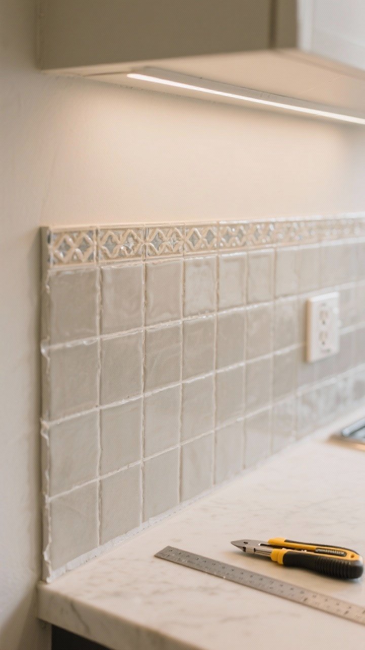 Detail shot of a peel-and-stick backsplash in a realistic faux Zellige with a matte/satin finish, installed over a perfectly smooth wall; sharp, clean trims cut with a metal straightedge at the outlet edges; color tested under warm LED under-cabinet lighting to show true tone (soft gray-beige tiles); include a utility knife and metal ruler off to the side for context; mood: polished DIY that looks high-end; angle: close, straight-on.