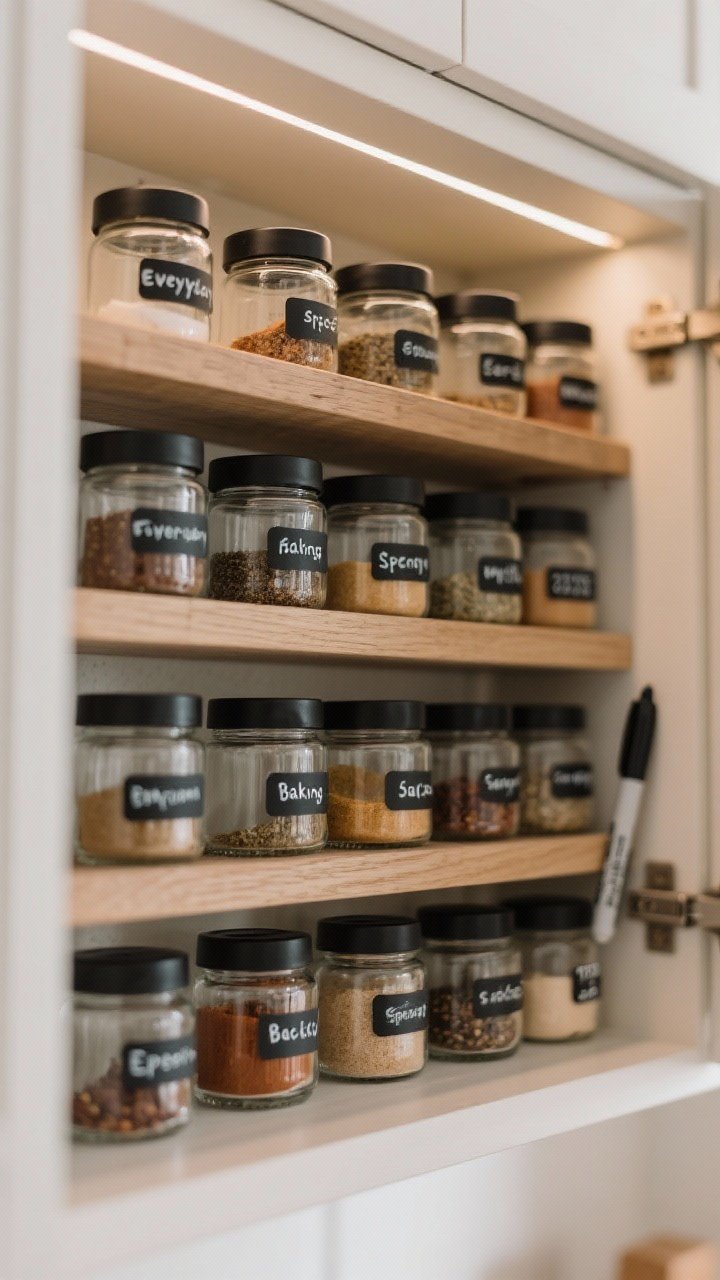 Detail shot of a spice organization system: uniform glass jars with black matte lids and clear labels on the fronts and lids, arranged in a tiered shelf inside a cabinet. Categories grouped by frequency (everyday spices in front) and type (baking vs. savory). Include a fine-tip marker in the spice zone and visible purchase dates on labels. Neutral cabinet interior, gentle under-cabinet LED glow, warm wood shelf tones, high-contrast label typography. Straight-on close crop emphasizing consistency and visibility.