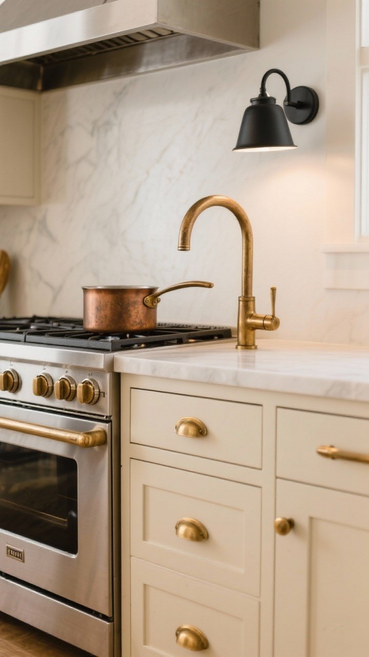 Detail shot of mixed warm metals: brushed brass drawer pulls on creamy beige cabinetry, a champagne bronze gooseneck faucet, a stainless steel range in frame, and a black sconce above for grounding; unlacquered brass pot filler near the cooktop adding subtle patina; soft, warm ambient lighting; straight-on crop focusing on hardware shapes