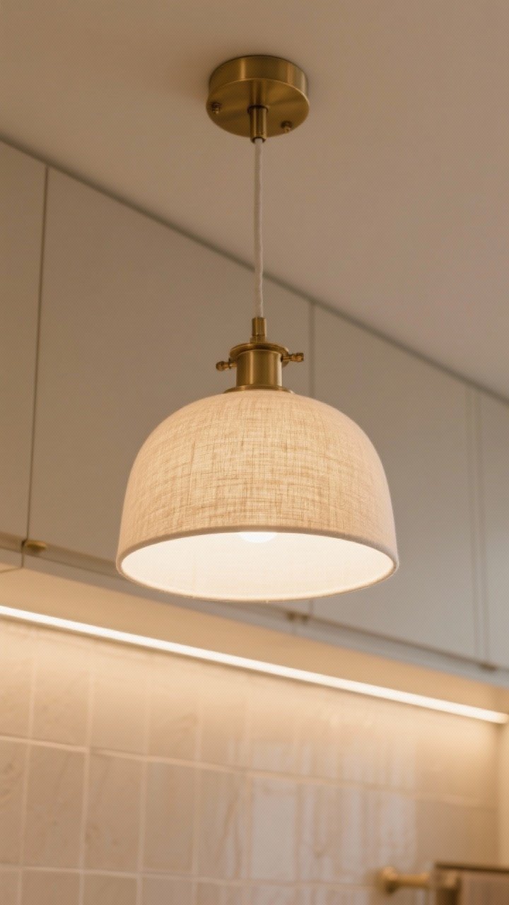 Detail shot of soft beige lighting elements: a pendant with a beige fabric shade glowing at 2700K–3000K, brushed brass hardware, and under-cabinet warm-white LED strips washing a beige backsplash; the diffused light softens shadows and flatters surrounding beige tones; close framing on shade texture, warm metal finish, and light quality.