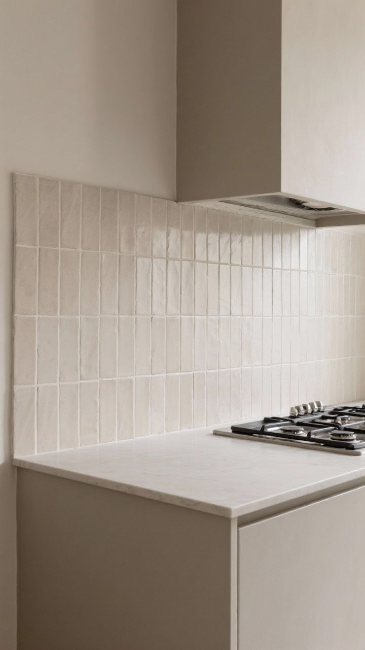Detail shot, straight-on: A quiet backsplash composition—matte neutral zellige tiles with matching grout for low visual noise, transitioning beside a full-height slab extension of the countertop; an alternate vertical-stacked slim tile section shown near the range; tone-on-tone palette with seamless lines, soft texture visible under diffused light.