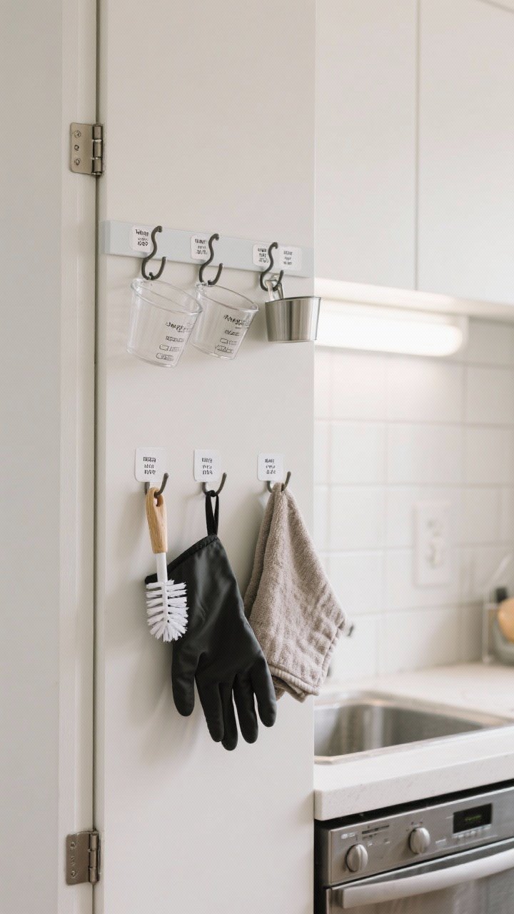 Detail shot, straight-on, of clever vertical storage: adhesive hooks on the inside of a sink cabinet door holding a dish brush and rubber gloves; on the exposed cabinet side, hooks for an oven mitt and a microfiber towel; above a simple backsplash, a minimal rail with S-hooks displaying measuring cups and utensils; weight ratings noted on small tags; bright, clean kitchen light, renter-friendly adhesives visible but tidy.
