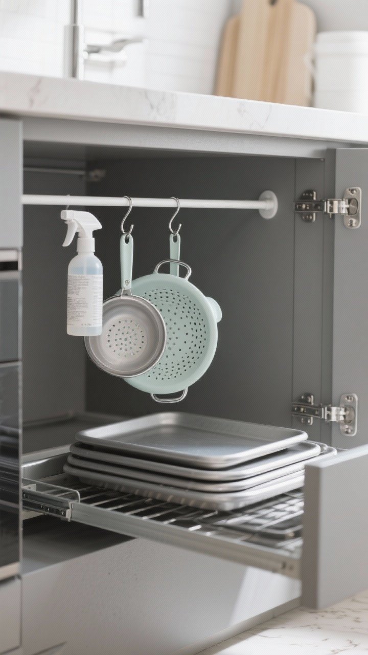 Detail shot, under-sink perspective: A slim white tension rod spanning the cabinet, spray bottles clipped to the rod to free up the base, S-hooks holding a lightweight colander and measuring cups; adjacent divider tension rod in a drawer separating baking sheets and lids; cool daylight filtering in, matte cabinet interior, chrome hardware gleam, focus on functional vertical storage with no drilling.