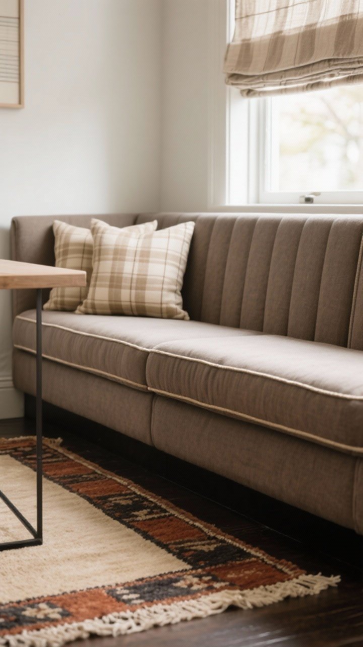 Detail textiles vignette: a tailored banquette in taupe performance fabric with piped cushions in sand-colored stripe and small check patterns; a washable low-pile vintage-style runner in beige, rust, and charcoal on the floor; nearby window dressed in a linen-blend cafe curtain; soft natural light, patterns gentle and grounded.
