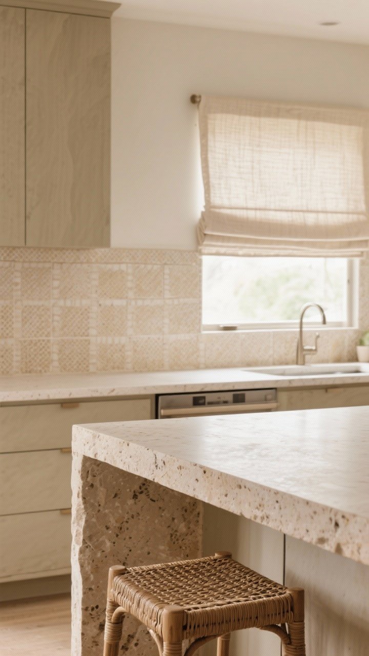 Detail texture shot at counter height: layered beige kitchen materials—honed stone countertop (low sheen), micro-textured zellige tile backsplash with gentle variation, woven or cane bar stool seat at the island, and a linen Roman shade softly filtering light; 3–4 textures repeated for cohesion; warm, natural daylight grazing surfaces to highlight texture, photorealistic.