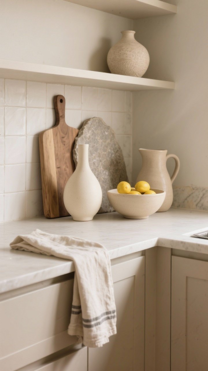 Detail vignette of quiet-luxe styling on beige counters: textural ceramic pieces (creamy vases, sandy matte bowl, simple pitcher) on an open shelf, linen tea towel draped neatly, a wood and stone cutting board leaning against the backsplash for height; single statement bowl of lemons for life; soft daylight grazing surfaces