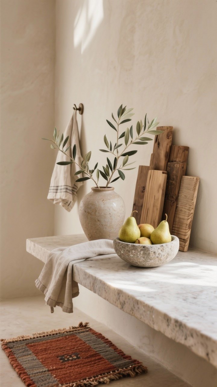 Detail vignette: Quiet luxury styling on a honed stone counter—artisan ceramic vase with olive branches, a stone fruit bowl filled with pears, stacked wooden boards leaning against a beige wall, and linen napkins on a simple hook; a small vintage flat-weave rug in rust, taupe, and faded terracotta visible at the edge; minimal, edited composition; soft afternoon light.