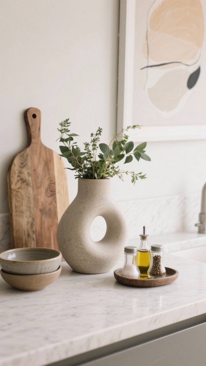 Detail vignette, styled countertop: Curated decor with negative space—one sculptural statement vase, a leafy herb plant in a stoneware pot, and a small tray corralling salt, oil, and pepper; consistent palette repeating 2–3 colors and materials (wood board, stoneware bowls); a single soft abstract art piece on the wall; calm, intentional composition with breathing room.