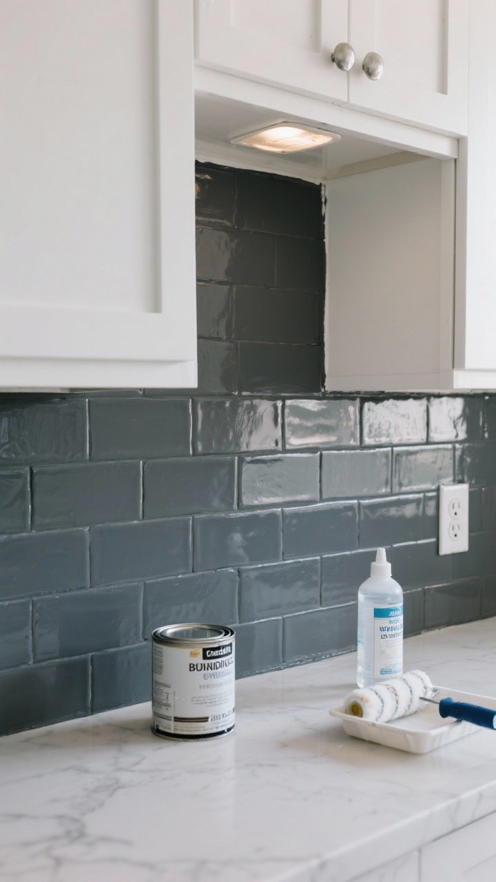 Detailed closeup of a freshly painted backsplash: semi-gloss enamel in a moody charcoal-gray over existing tile, with crisp white cabinets above. Overhead light creates a gentle sheen showing wipeable durability. Include a bonding primer can and a small tray with roller off to the side, and a clear water-based polyurethane bottle in the background. Focus on smooth brush/roller finish, clean deglossed surface, and tight paint line around an outlet cover.