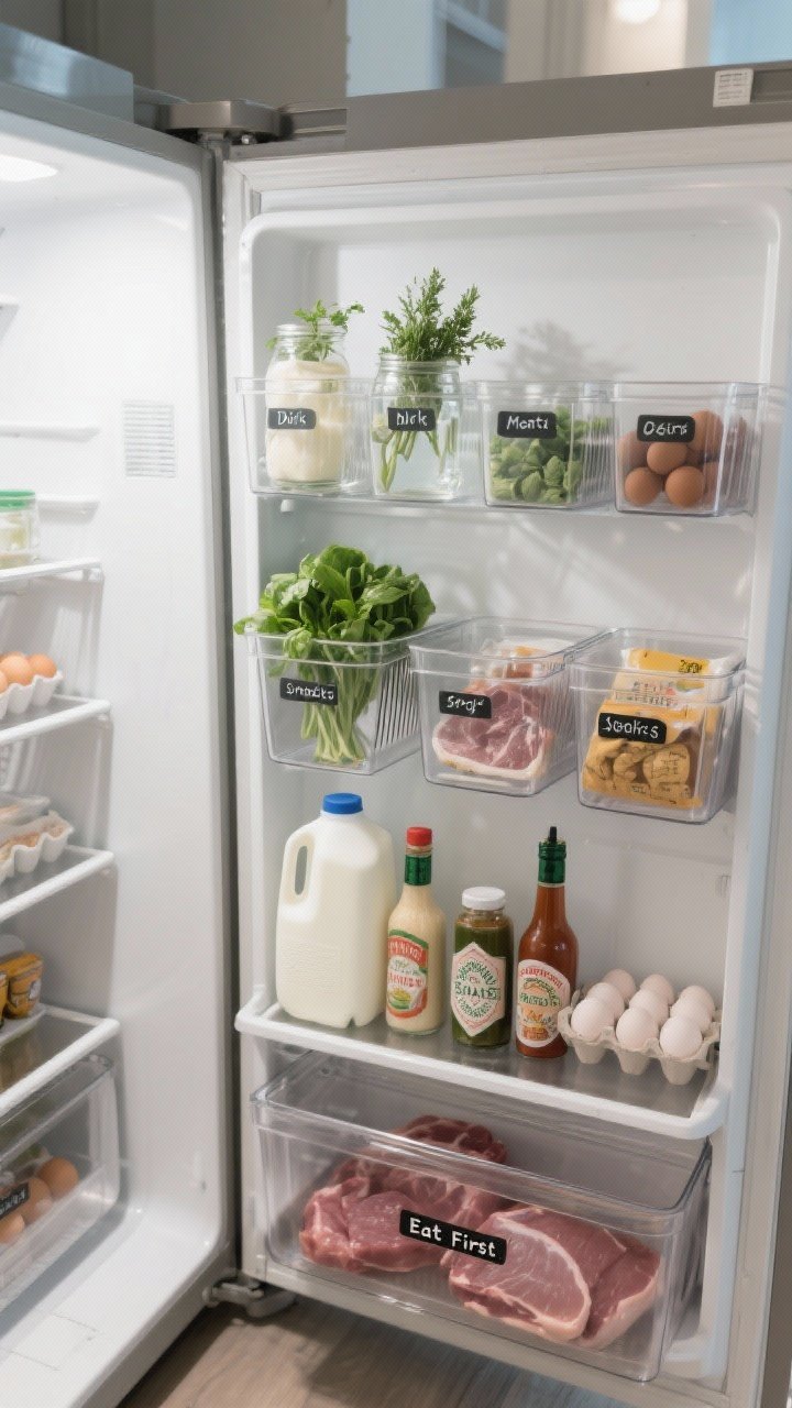 Fridge interior overhead-angled shot: clear bins by category—Dairy, Meats, Snacks, Produce—each labeled; herbs standing in jars with water; vented containers holding greens; an “Eat First” bin front and center with leftovers; condiments neatly on the door, eggs and milk on middle shelves, raw meats in a lowest-shelf bin. Bright, clean fridge lighting highlighting clarity and easy visibility.