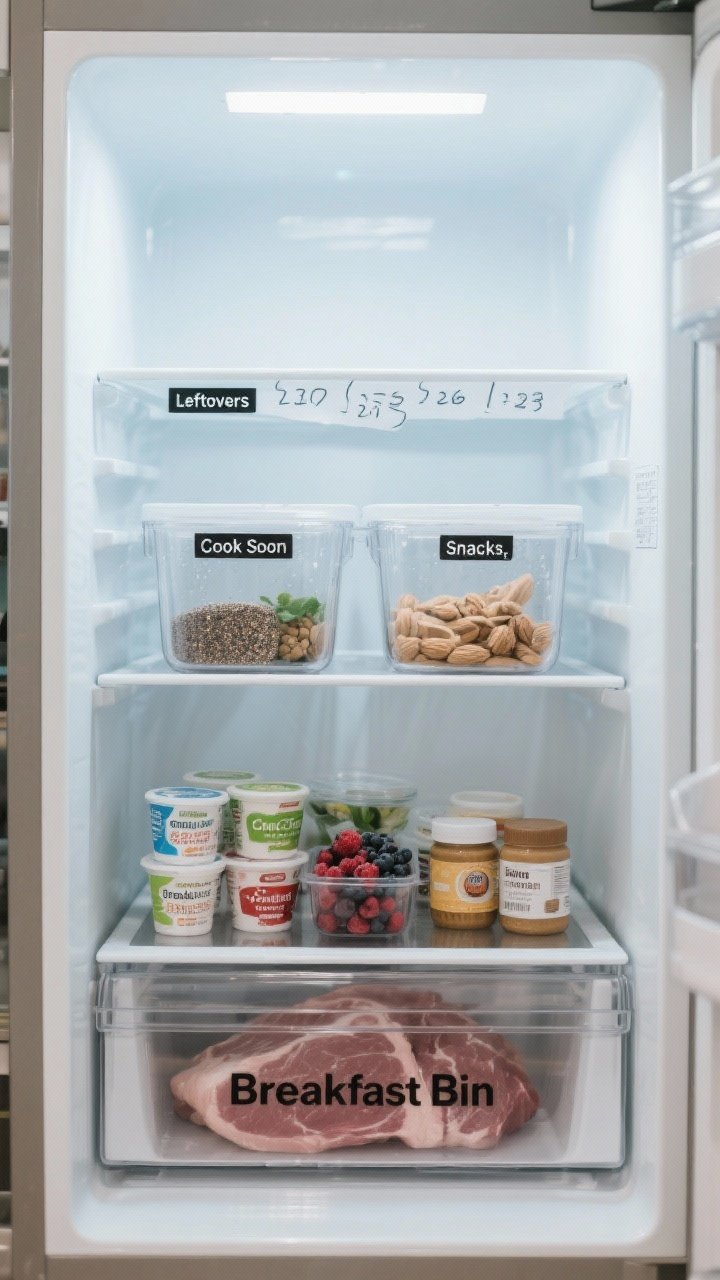 Fridge interior shot with labeled zones: a clear “Leftovers” shelf with dry-erase tape dates, two clear meal prep bins labeled “Cook Soon” and “Snacks,” the meat drawer on the lowest level, and a “Breakfast Bin” grouping yogurts, berries, chia, and nut butter. Bright, cool fridge lighting, condensation-free clear bins, clean typography on labels, no people, crisp photorealism.