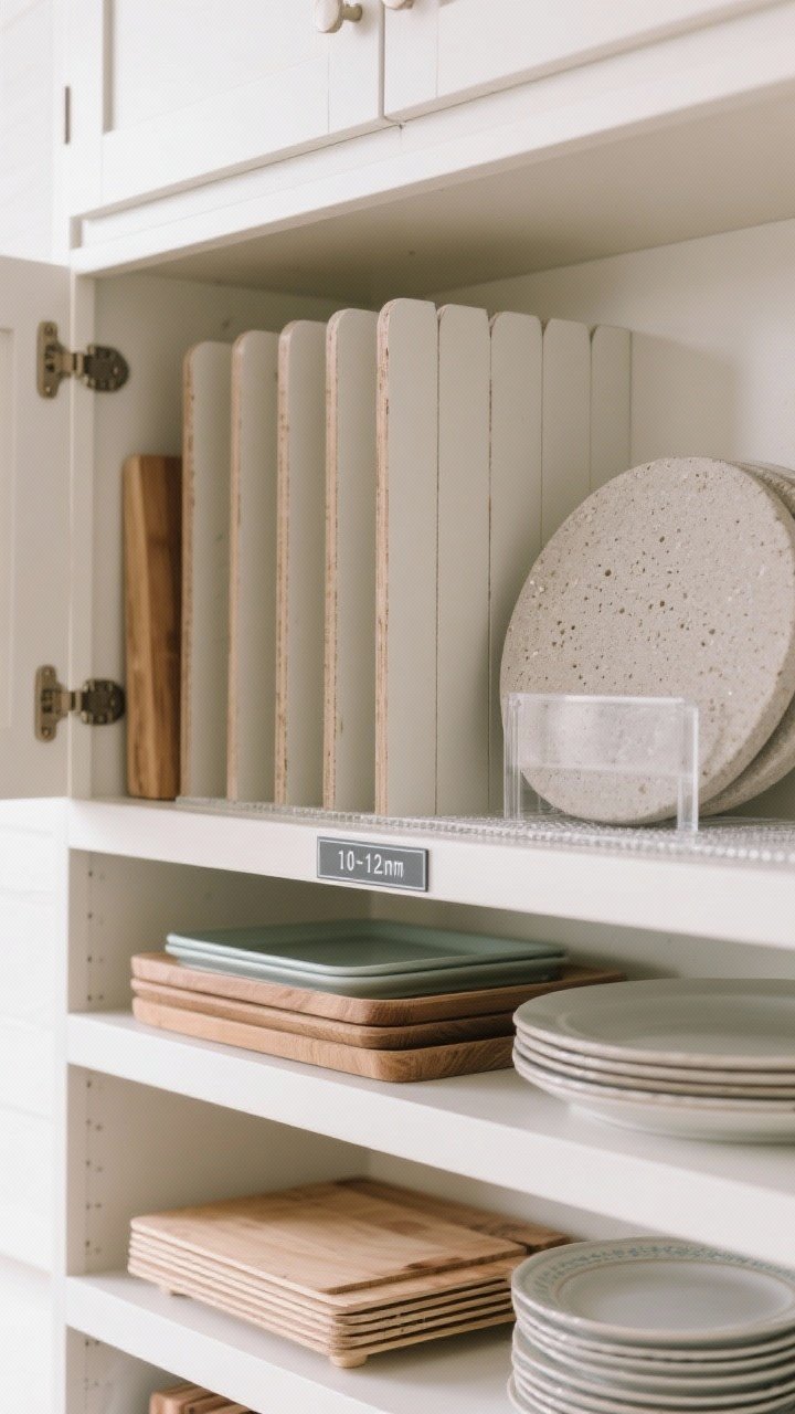 Interior closeup of an upper cabinet with DIY vertical partitions: pre-cut painted plywood dividers creating 10–12 inch slots organizing trays, boards, and platters; one taller section stores a pizza stone and oversized platter; clear grip mats line the shelves to prevent sliding; a neat label on the inside of the door indicating each category; neutral, bright lighting for a clean, tailored look