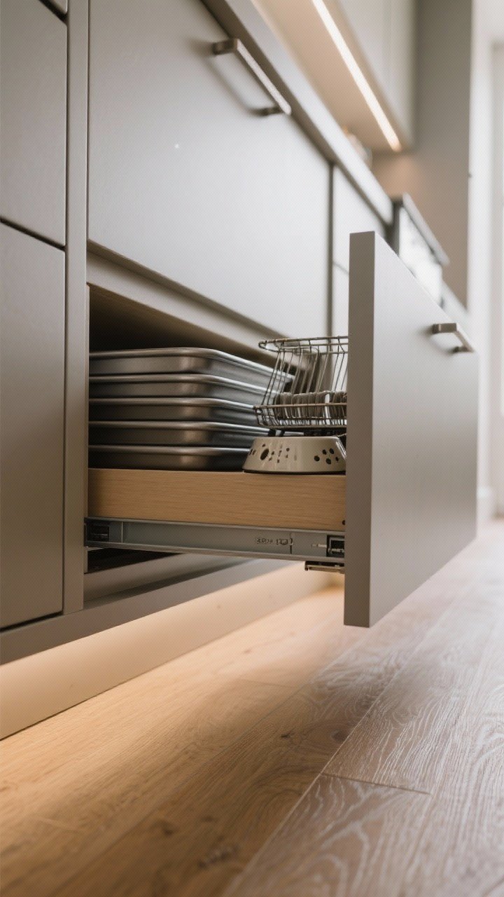 Low-angle detail shot of toe-kick drawers pulled out from base cabinets, revealing neatly stacked sheet pans, cooling racks, and a collapsible pet bowl; toe-kick finish perfectly matched to the base cabinetry for an invisible reveal, soft-close hardware in action; matte wood floor texture, soft side lighting emphasizing the slim 3–4 inch profile.