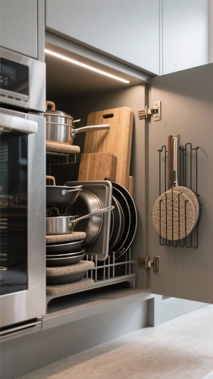 Low-angle medium shot inside a lower cabinet near the oven showing cookware Tetris: vertical dividers “filing” cutting boards, sheet pans, and lids; skillets nested with felt/silicone stacking pads; a slim pot-lid rack mounted on the inside of the cabinet door. Subtle under-cabinet lighting, brushed metal textures, quick-grab accessibility emphasized.