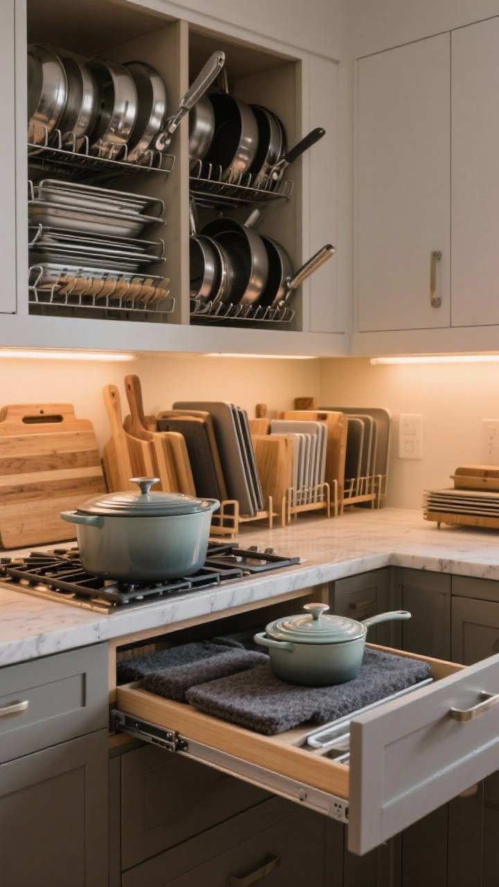 Low, three-quarter angle medium shot of a cookware cabinet solved for Tetris: pans and lids stored vertically with lid racks and tension dividers; baking sheets and cutting boards in file-style organizers; pull-out shelf glides forward to reveal deep cabinet contents; a heavy Dutch oven placed on a lower shelf, with a second enameled Dutch oven displayed on the stovetop; felt protectors between stacked nonstick pans; warm under-cabinet light adds a practical yet chic mood.