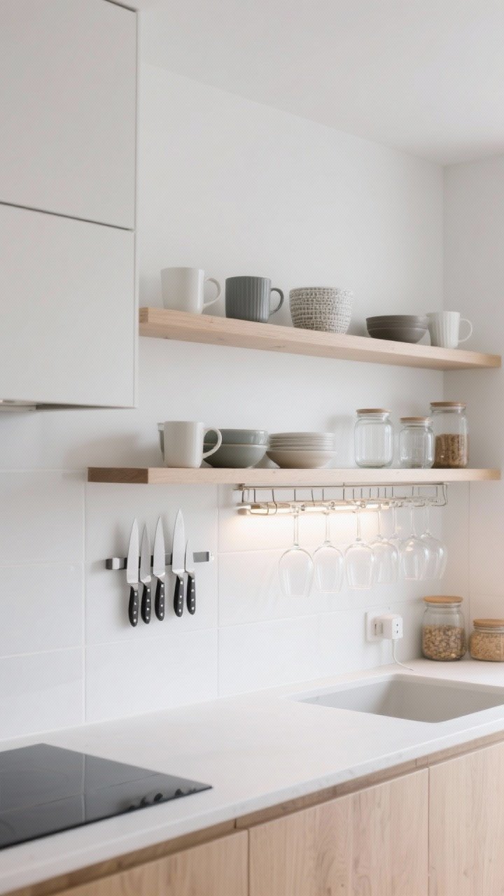 Medium-angle view of floating solutions: open shelves displaying curated mugs, bowls, and glass jars; a magnetic knife strip mounted on a white backsplash holding a minimal set of knives; under-cabinet racks hanging wine glasses and a discreet plug-in strip light casting task lighting. Airy, uncluttered styling with white, glass, and light wood tones; no people, crisp photorealism.