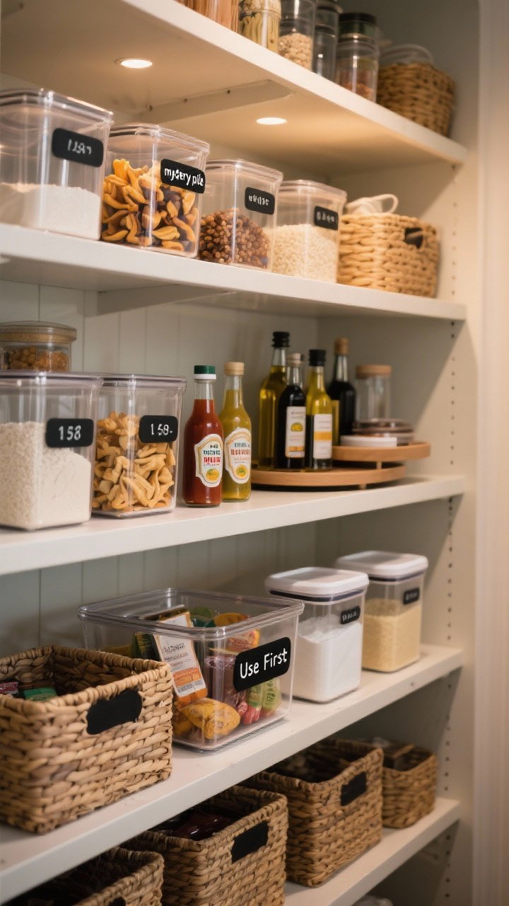 Medium, angled pantry shelf scene eliminating the “mystery pile”: clear bins labeled for snacks and sauces, a lazy Susan holding oils and vinegar, and airtight containers decanted with flour, sugar, rice—each labeled with dates. A front-facing “Use First” bin with near-expiry items. Warm pantry lighting, matte black label holders, natural woven basket accents. Orderly, high-visibility arrangement with slight shelf-depth perspective.