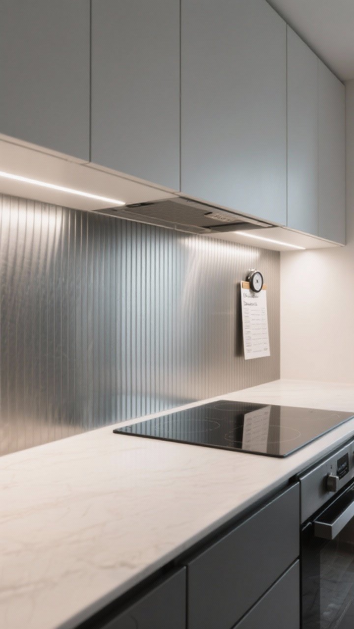 Medium, angled shot of a brushed stainless steel panel behind a cooktop, vertical grain elongating the space; soft-white undercabinet lighting creating gentle highlights without harsh reflections; a magnetic timer and recipe clipped to the panel; surrounding cabinetry in a minimalist style for an industrial-clean vibe; photorealistic, no people.
