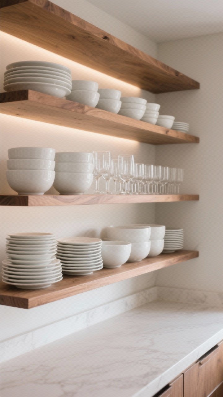 Medium angled view of open kitchen shelves styled with restraint: stacks of white ceramic plates by size, bowls grouped together, rows of clear glasses; repeated shapes and colors—white ceramics, clear glass, and warm wood shelves; intentional negative space between groupings to avoid crowding; soft, indirect lighting creating a calm, curated look.