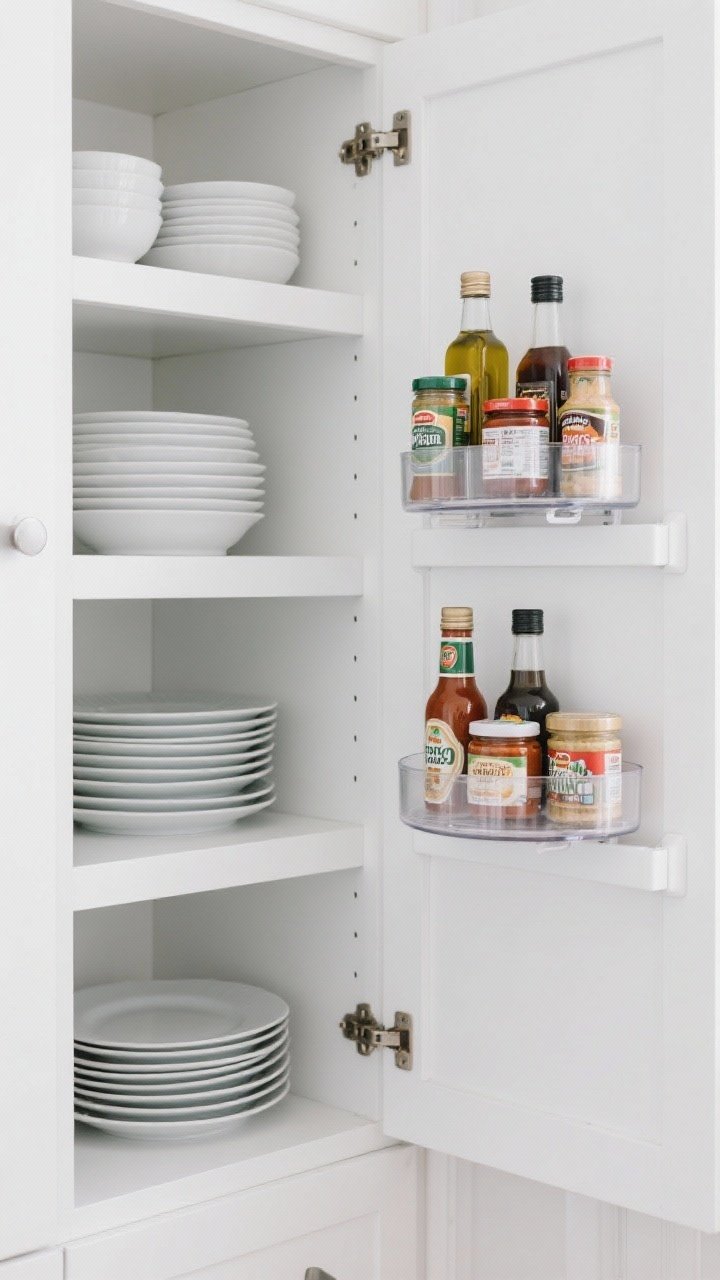 Medium cabinet interior: A clean white cabinet with shelf risers stacking plates and bowls without burying smaller pieces. Two clear turntables (lazy Susans) hold oils, vinegars, spreads, and sauces; a corner cabinet features a double-decker turntable with neatly arranged condiments. Clear and white organizers keep the look minimal, lit with cool, even lighting for visibility.
