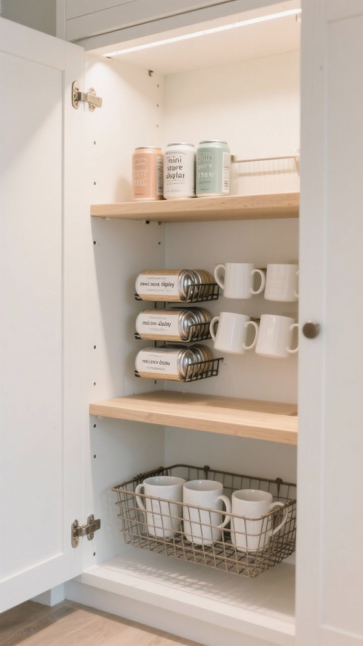 Medium cabinet interior shot showing vertical storage upgrades: tiered can risers displaying labels, a mug shelf doubling capacity without stacking dangerously, and an under-shelf basket clipped beneath an existing shelf. Photorealistic white cabinet interior with soft diffused lighting, light wood shelf surfaces, a tidy “mini store display” feel; include a few muted-color cans, white ceramic mugs, and a wire under-shelf basket. Straight-on view emphasizing two-level space usage.
