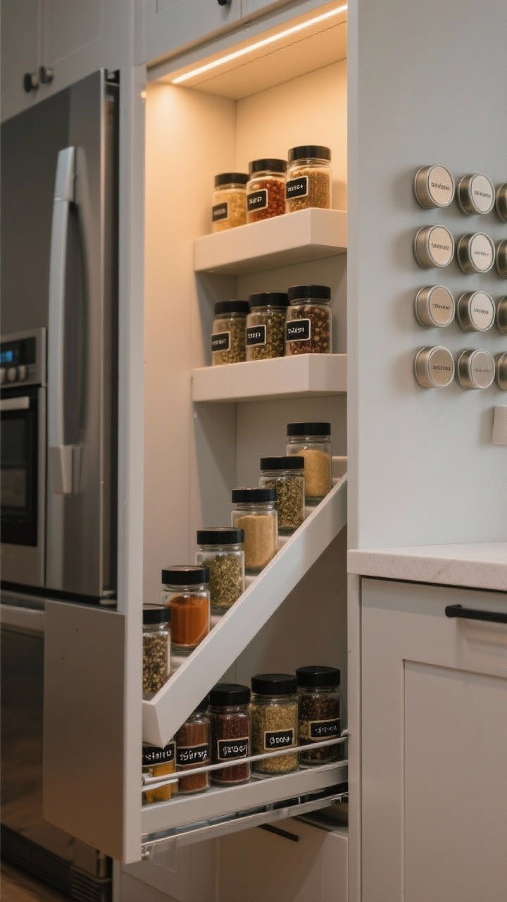 Medium cabinet interior shot: tiered “stair-step” spice rack displaying uniformly decanted spice jars with clear, minimal labels; adjacent narrow base cabinet features a slim pull-out spice organizer fully extended; on the fridge side panel, a grid of magnetic spice tins; warm under-cabinet lighting highlights label readability; cohesive jars in glass with black lids for a streamlined look.