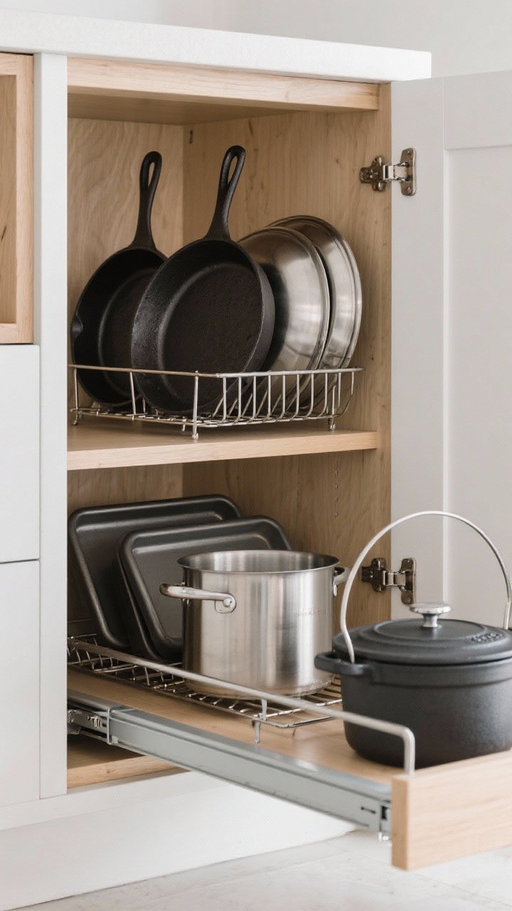 Medium cabinet pull-out: A streamlined cookware collection featuring nesting pots and pans: one skillet (cast iron), one sauté pan, one saucepot, one stockpot, plus two sheet pans, one cooling rack, and a Dutch oven. Universal lids stand upright in a simple metal rack, eliminating clutter. Matte stainless and black cast iron tones against light wood shelving, with clean, direct lighting.