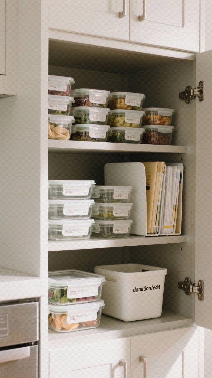 Medium cabinet shot organizing food containers: nested bottoms by size on one shelf, lids stored vertically in a narrow file organizer; mostly uniform brand containers for interchanging lids; a small “donation/edit” bin visible in the corner; glass containers with the most-used sizes front and center, subtle day light highlighting clear, stackable order